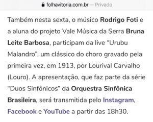 Coluna Na Balada, do Folha Vitória, sobre a Série Duos Sinfônicos OSB e Vale Música Serra. 30 de abril de 2021
