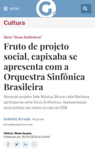 Matéria de A Gazeta sobre o Duos Sinfônicos - 30.04.2021