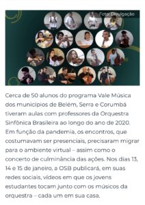 Matéria do Folha Vitória sobre Concerto Virtual da OSB com alunos do Projeto Vale Música Serra, em homenagem a Maurício de Oliveira. 13.01.2021