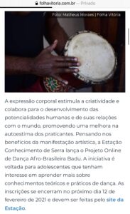 Matéria do Folha Vitória sobre abertura de inscrições para o Projeto Badu. 10.02.2021