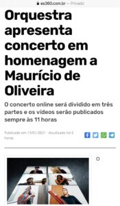 Matéria do Portal ES 360 sobre o Concerto Virtual em homenagem a Maurício de Oliveira. 14.01.2021